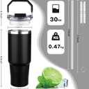 30oz Tumbler with Handle and Flip Straw Lid Double Wall Insulated Travel Coffee Mug Stainless Steel Vacuum Insulated Coffee Tumbler Cup for Hot and Cold Beverages,Leak-proof&BPA-free (30oz,Black)