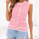 PRETTYGARDEN Vest For Women 2025 Summer Casual Button Down Color Block Sweater Vest Ribbed Knit Tank Tops With Pockets (L)