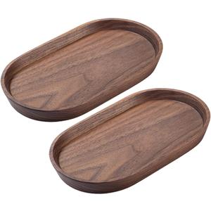 Vandroop Mini Serving Trays for Parties, Small Decorative Tray for Tea＆Coffee, Oval Wooden Plates for Serving Food for Appetizer＆Vegetables for Bathroom 7.8"×4.6" (Walnut, Set of 2)