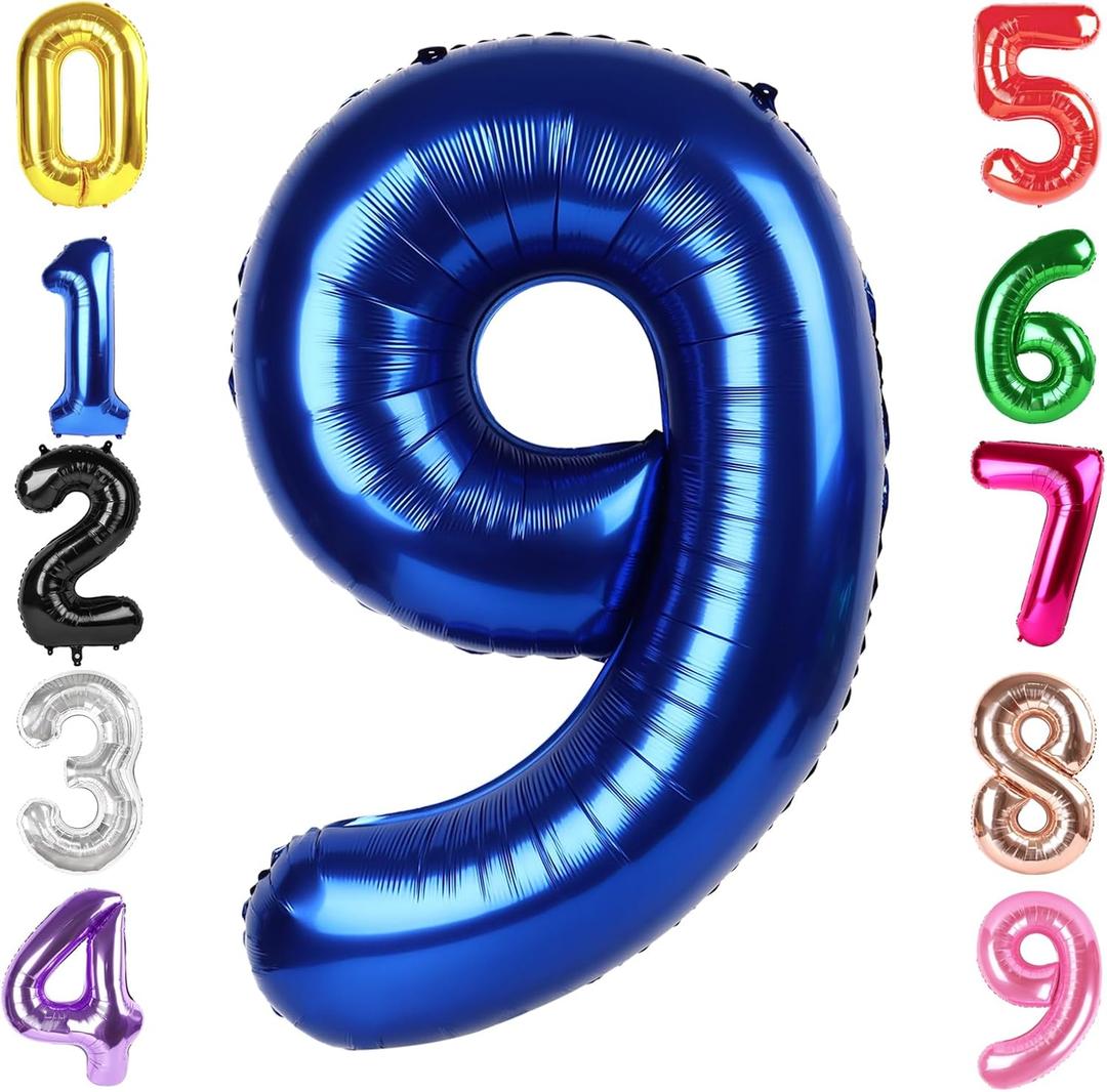 40 Inch Night Blue Number 9 Balloon, Giant 9 Number Balloons for 9th Birthday Decorations, Party Supplies for Baby Boy Girl, Night Blue Party Decor