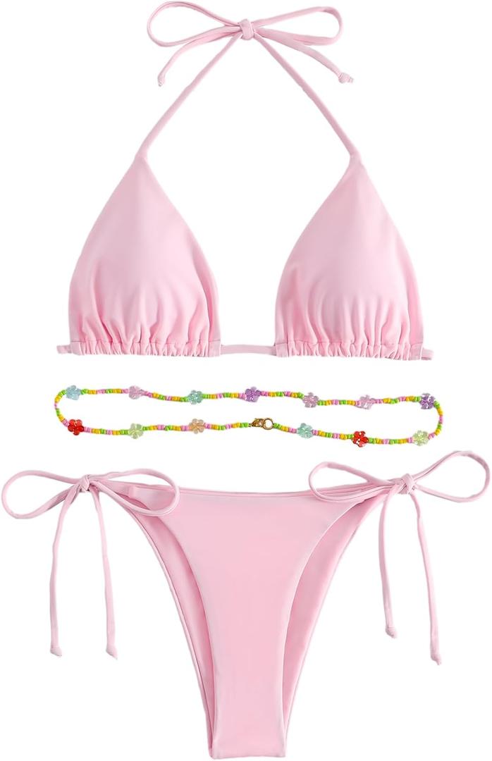 SHENHE Women's 2 Piece Sexy Bikini Sets Halter Tie Side Triangle Swimsuits (Large, Beaded Light Pink)