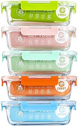 C CREST [5-Pack] Glass Lunch Box, Meal Prep Glass Containers with Lids, Glass Food Storage Containers, 34 OZ
