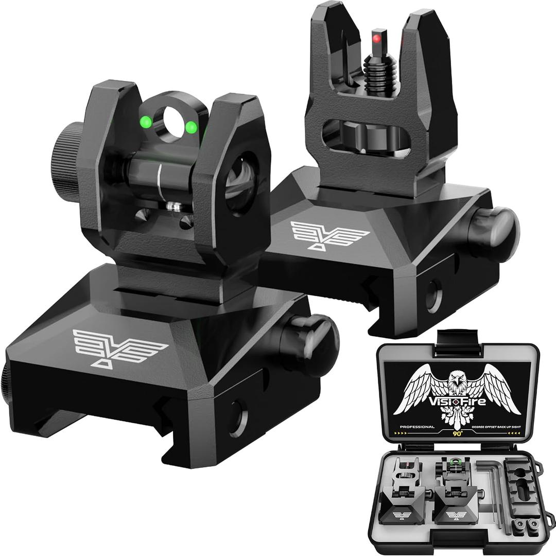 Visiofire Fiber Optic Iron Sights for Picatinny Rail | Flip Up Front and Rear Backup Sights with Red Green Dots | Tool-Free Ajustable Rear Flip Up Sights | Pop Up Fiber Optic Sights Rapid Transition