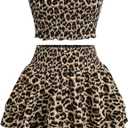 MakeMeChic Women's Plus Size 2 Piece Y2k Outfit Leopard Print Strapless Shirred Tube Crop Tops and Skirt Set (3X-Large Plus, Brown)
