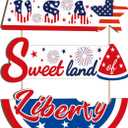 KAIRNE 4th of July Door Hanger,Sweet Land of Liberty Sign,Memorial Day Wooden Plaques,Patriotic Wall Hanging Decoration,Independence Day Hanging Gifts for Friends Family Porch Living Room Decoration (11.4X3.5+11.4X3.9+11.4X5.5inches)