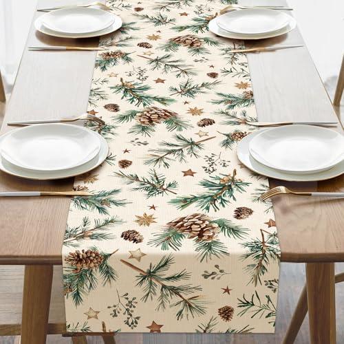 Croar Winter Pine Cones Dining Table Runner, Branches Stars Burlap Kitchen Decoration, Christmas Seasonal Indoor Outdoor Home Decor Party Supply 13 x 72 Inches