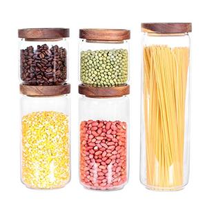 Glass Canisters Set of 10 for the kitchen, Glass Storage Container jars with Airtight Acacia Lid for Coffee Beans, Flour, Sugar, Rice and Spaghetti and etc