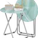 TV Tray Round Table, Small Foldable Table, Portable Dinner Table for Eating, Snack Side Trays Table Set of 2, No Assembly Required (Ocean Blue Marble, 2Pcs)