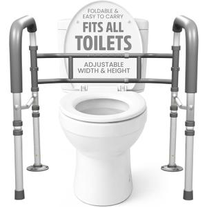 Toilet Safety Rails for Seniors 350lb, Adjustable Height & Width Toilet Bars for Elderly | Foldable Non-Slip Handicapped Toilet Safety Frame, Reinforced 2 C-Clamp Stability  Fits Most Toilets