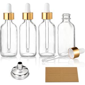 AOZITA 4 Pcs, 1 oz Golden Cap Clear Dropper Bottles (30ml) with 1 Funnel & 4 Labels - Glass Tincture Bottles with Eye Droppers - Leakproof Essential Oil Bottles for Health, Personal Care & Beauty