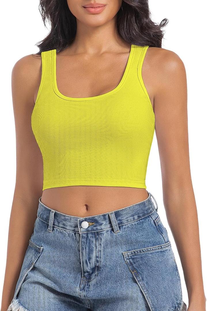 Women's Sleeveless Ribbed Crop Tops Crew Neck Stretchy Casual Basic Fitted Tank Top (Yellow, S)