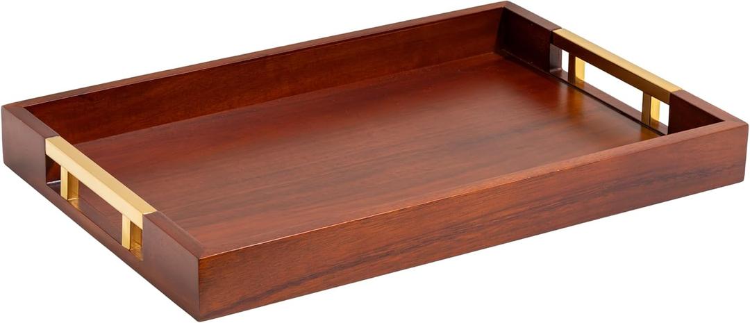 Acacia Wood Serving Tray with Polished Gold Stainless Steel Metal Handles, 17.5x12in Large Ottoman Food Drinks Coffee Table, Breakfast, Dinner & Bar, Kitchen, Bedroom Gift Box