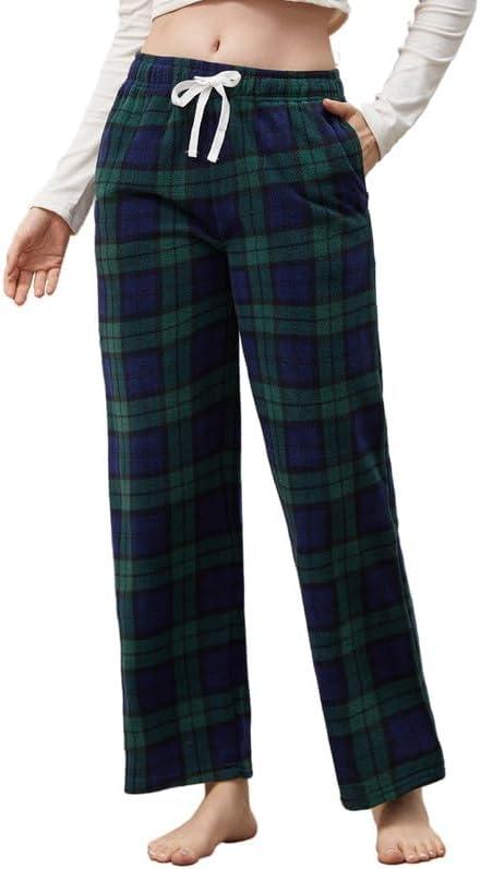 U2SKIIN Women Fleece Pajama Pants, Warm Plaid Lounge Pj Bottoms for Women with Pockets Soft (Small, Blue Green Plaid)