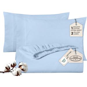 Royale Linens Fitted Sheet With Pillowcases - King Fitted Sheets With 2 Pillowcases - 300 Thread Count 100% Organic Cotton - Fit Mattress Up to 18" Deep - Soft & Breathable - Lake Blue (No Flat Sheet)