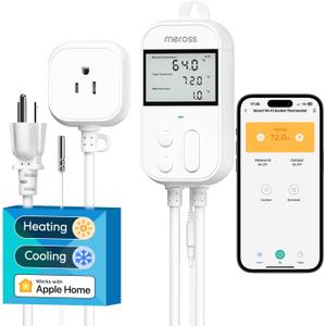 meross Smart Temperature Controller 15A 1800W, Smart Wi-Fi Thermostat Controlled Outlet Plug Works with Apple Home, Alexa, Google Home for Heating Cooling Homebrew Fermentation Reptiles Greenhouse