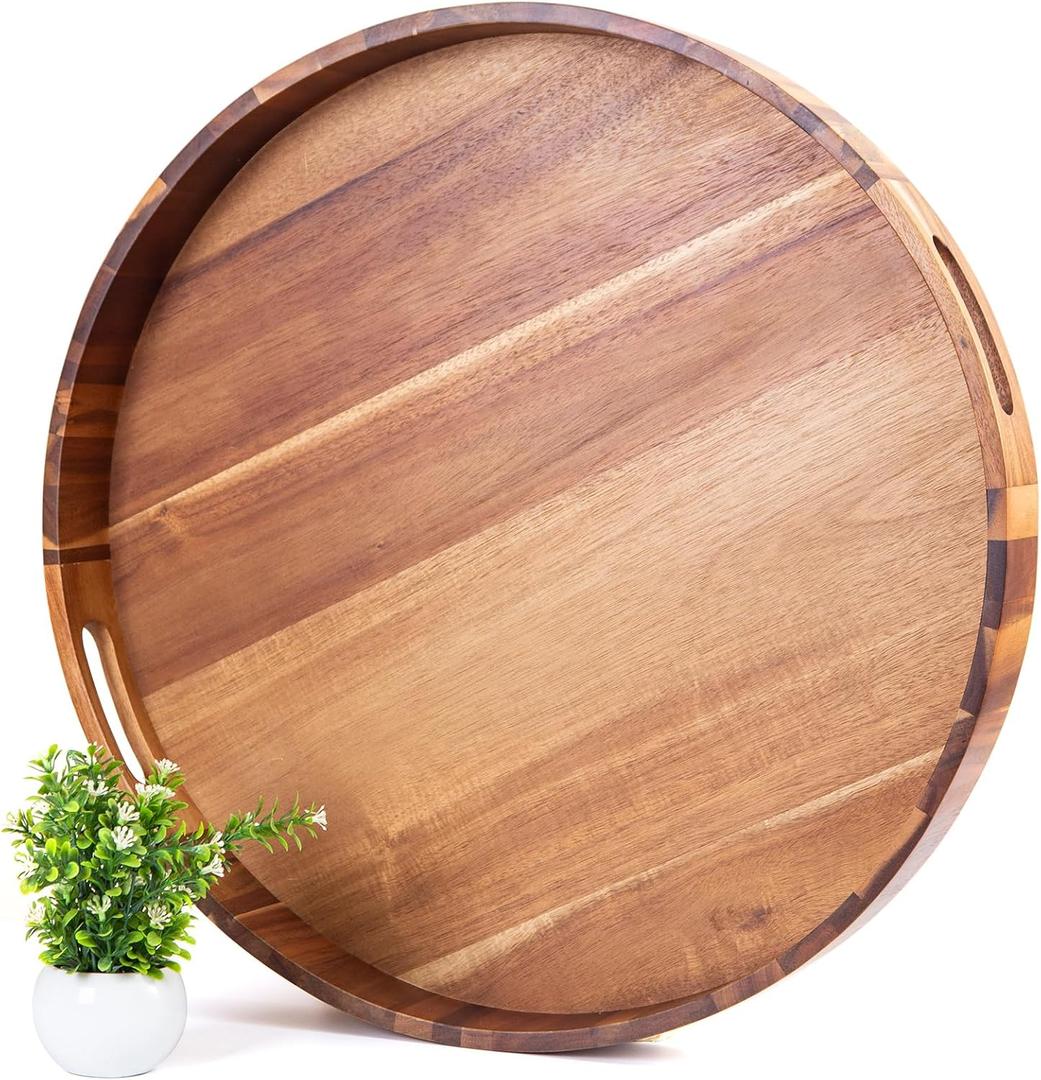 Extra Large Round Ottoman Coffee Table Tray, 22" Big Kitchen Serving Trays for Huge Ottoman Counter Giant Decorative Organizer, Huge Wood Serveware Tray with Built-in Handle for Big Job