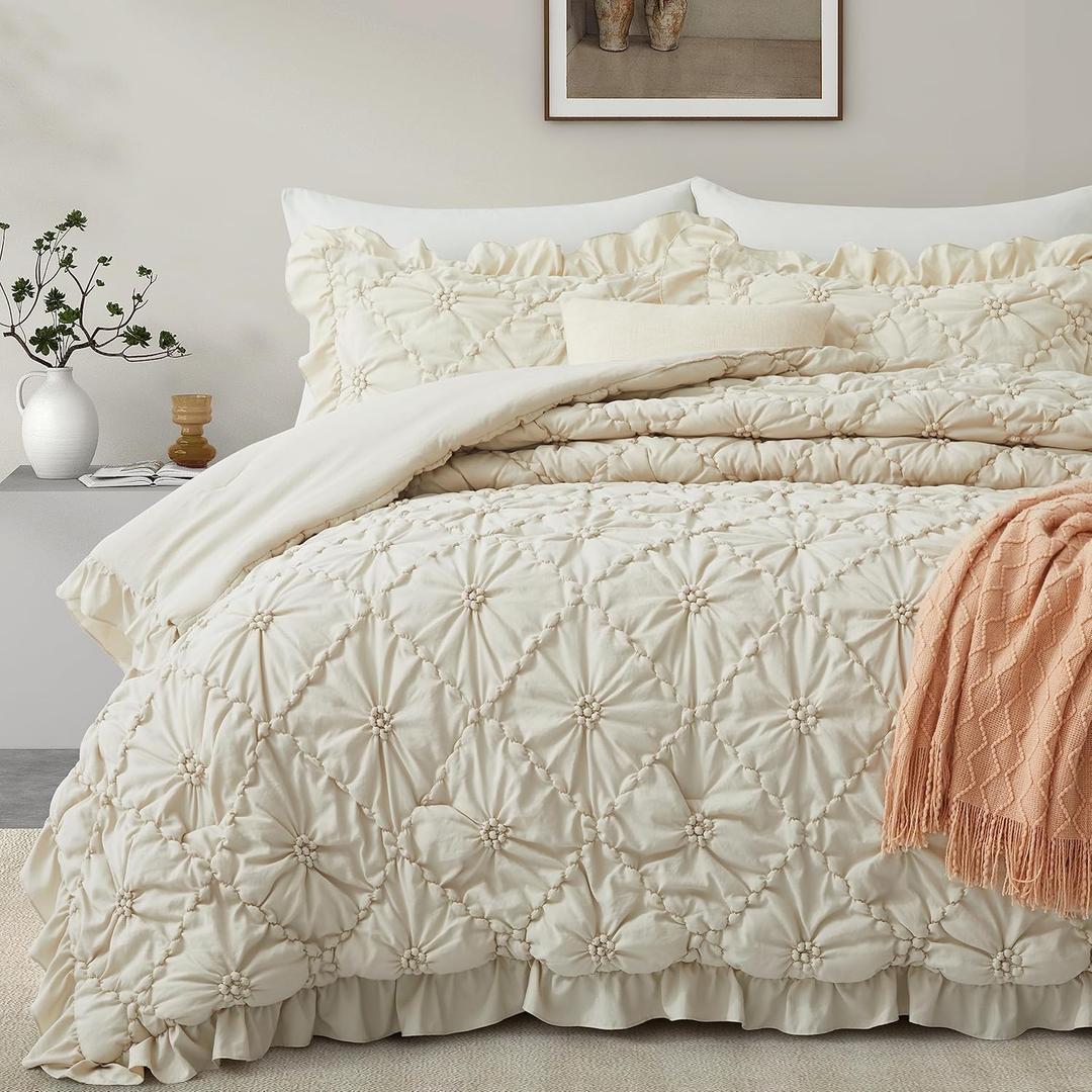 BEDAZZLED Queen Size Comforter Sets, Beige Bedding Comforter Set, 3 Pieces Pinch Pleat Bedding Sets with Comforter and Pillowcases Soft Farmhouse Shabby Chic Comforter for All Season