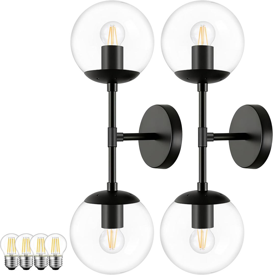 KoKo&Yukina 2 Pack Mid Century Modern Bathroom Vanity Light Matte Black Vanity Lighting Fixtures Modern Wall Sconce 2-Lights Globe Vanity Light with Clear Glass Shade for Bathroom(Bulb Incl.)