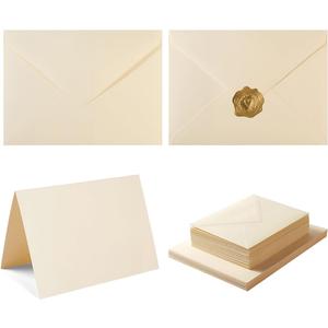 50 Pack Cream A7 Envelopes with Cards 5x7 Thick Folded Cardstock and Gold Stickers for Greeting Cards, Wedding, Birthday, Invitations, Baby Showers (Cream, 5x7)