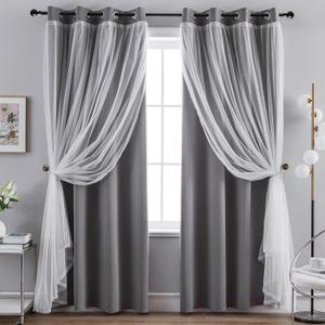 Anytime Home Curtains Blackout and Sheer Layered Solid Window Curtain Panel Pair with Grommet Top, 52Wx84L,Grey