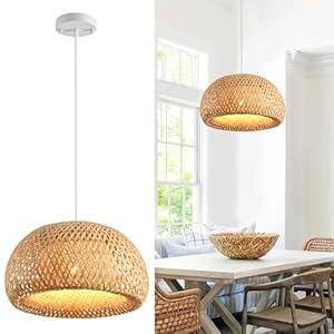 hualuosi Bamboo Dome Pendant Light Kitchen Island 14.82in Rattan Dining Room Light Fixtures Coastal Hand-Woven Boho Chandelier Hanging Ceiling Light for Restaurants Bedroom Foyer Corridor Farmhouse