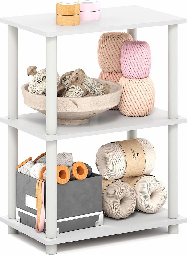 Furinno Turn-N-Tube Storage Shelves, 3-Tier Book Shelf, Corner Shelf, Toolless Open Shelves, for Organization and Storage, Living Room, Garage, Home Office, White, 3-Tier Narrow