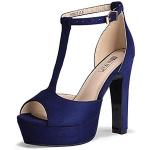 IDIFU Women's IN5 Polly Platform Chunky High Heels T-Strap Sexy Sandals Peep Toe Wedding Party Prom Dress Shoes for Women Bride (Blue Suede, 9.5 US)