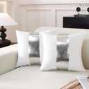 TAOSON Pack of 2 Velvet Decorative Throw Pillow Covers White Patchwork with Silver Striped Leather Pillow Covers 18  18 Inch Cushion Covers Decor Living Room Sofa Bedroom Car Only Cover No Insert