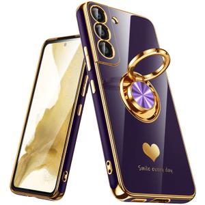 for Samsung Galaxy S22 5G Case, 360° Rotatable Ring Holder [Luxury Hearts Pattern] Plating Gold Edge Slim Soft Phone Cover Case for Galaxy S22 - Purple