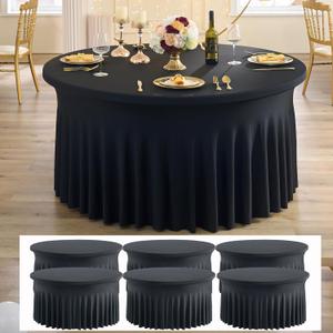 6 pk Black Spandex Round Tablecloth 72 in with Ruffled Skirt,Wrinkle Free High-Stretch 132 inch Fitted 6ft Table Cloths Round Elastic Spandex Table Covers 6ft for Party Banquet Graudation Dinning