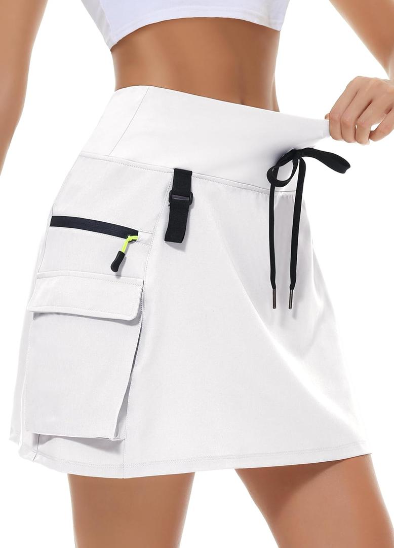 Women's Hiking Cargo Skort Skirt High Waisted Golf Dressy Casual with Zipper Pockets Workout Sport Quick Dry Skirts (White), S