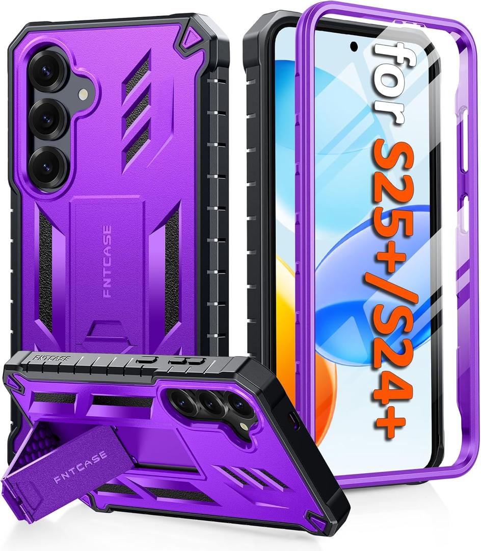 FNTCASE for Samsung Galaxy S25-Plus Case: for Samsung S24-Plus Case Military Grade Drop Proof Protection Mobile Cover with Kickstand | Matte Rugged Shockproof Protective Sturdy Phone Case (Purple)