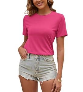 Eonvogueous Womens T Shirts Short Sleeve Crew Neck Shirts Basic Tee Tops Blouse Summer Casual Tee Tops，Hot Pink-L
