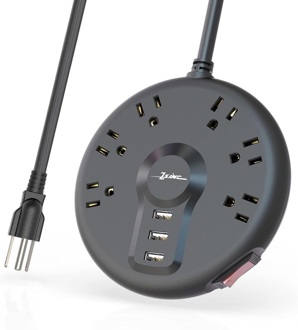 Power Strip, 6 Outlets and 3 USB Ports 6.5FT Long Extension Cord, Circle Socket Overload Surge Protector, 100% Copper Core, Flat Plug Charging Station Compact for Office, Home, Travel (Black)