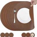 comfoyar Faux Leather Round Placemats with Coasters Set of 6, 13x13 Inch Non-Slip Heat Resistant Dual-Sided Brown Place Mats, Waterproof Table Mats for Kitchen Dining Party Table Decoration