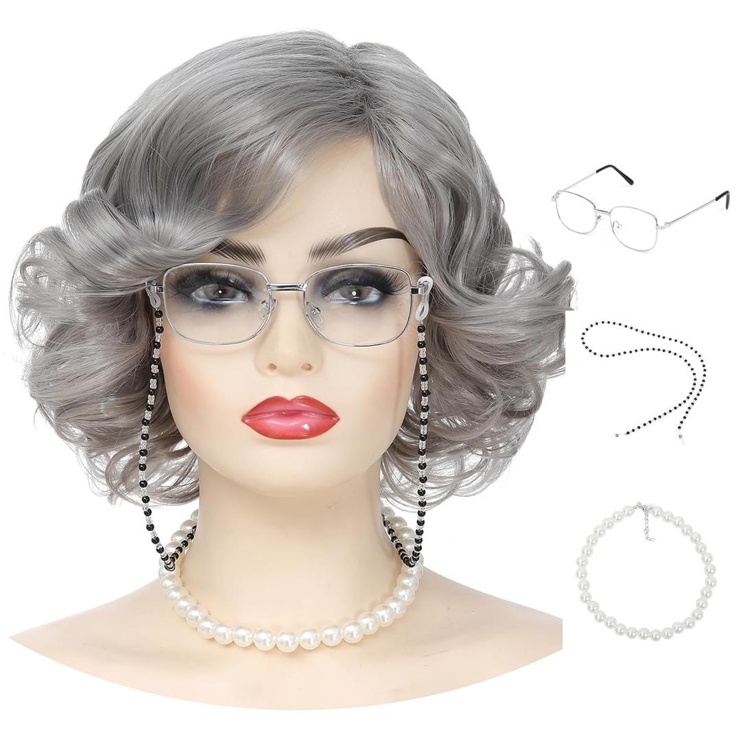 Old Lady Wig, Easy Apply Granny-Themed Short Curly Wig, Gray Short Wavy Glueless Wigs with Accessories - Silver Grey Grandma Costume Wig for Women, Granny Wigs, Old Person Wig