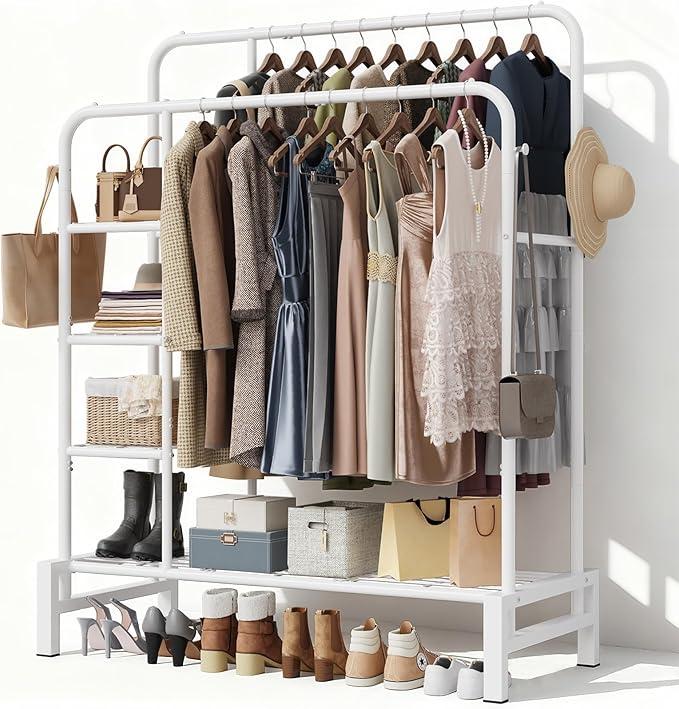 LZNIOZ Clothes Rack for Hanging Clothes, Double Rods Clothing Rack with 3 Tier Storage Shelves, Multifunctional Heavy Duty Clothes Rack with Hooks for Bedroom, Laundry, Living Room (Modern, White)