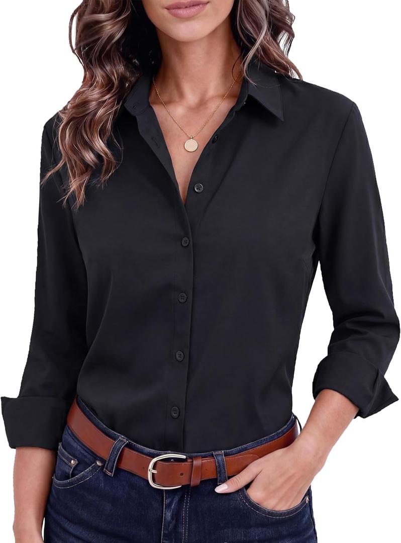 Women's Basic Button Down Shirts Long Sleeve Plus Size Simple Stretch Formal Casual Shirt Blouse (Black, L)