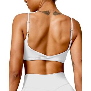 Open Back Sports Bra Workout Tops for Women Built in Bra Square Neck Crop Tank Top Yoga Bra Twist Back Cami (Large, White)