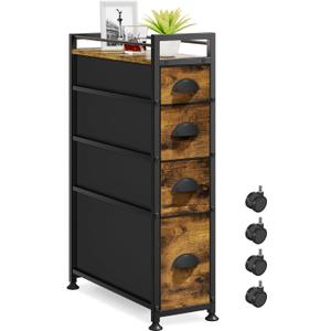 LASZOLA 4 Drawer Narrow Dresser Slim Cabinet Skinny Storage Tower Chest, Ideal for Small Spaces Bathroom Bedroom, Between Washer and Dryer, Lightweight Mobile on Wheels, Sturdy Fabric Drawers, Brown (17.1"D x 7.9"W x 29.5"H (4 Drawers))