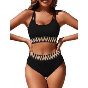 Women's High Waisted Ribbed Bikini Set Two Piece Crop Top High Cut Swimsuit Criss Cross Back Bathing Suit (Pink, S)