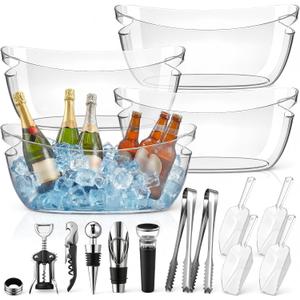 4 Pcs Ice Buckets for Parties Large 5.5L Clear Acrylic Beverage Tubs Portable Cooler Barrel with Scoops Tongs Wine Opener Vacuum Wine Stoppers Mimosa Bar Supplies for Champagne Beer Beverage