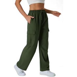 keriffe Women's Cargo Pants Quick Dry Lightweight Water-Resistant Hiking Pants Elastic High Waisted Drawstring 4 Pockets (Army Green, S)