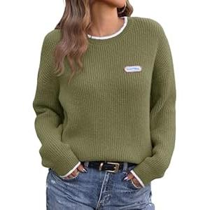 Saodimallsu Womens Sweaters Crew Neck Long Sleeve Knit Contrast Piping Stripe Lightweight Casual Fall Pullover Tops 2025 (Small, Army Green)