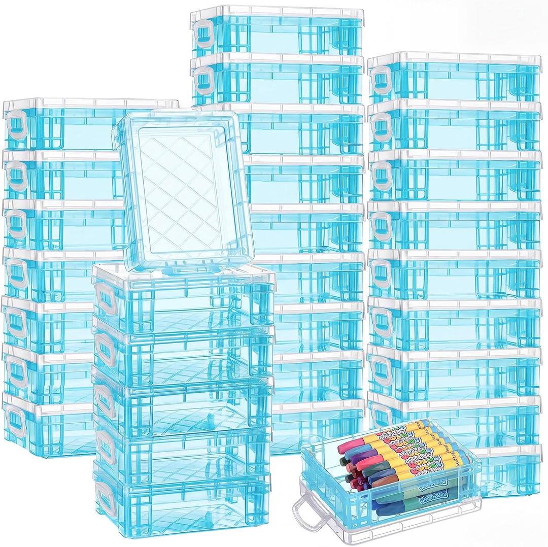 Suzile 32 Pcs Plastic Crayon Box with Snap Lids Bulk Stackable Crayon Storage Box Pen Pencil Container for Organizer Art Craft School Classroom Office Supply(Blue)