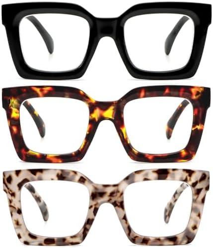 REAVEE 3 Pack Thick Frame Oversized Reading Glasses for Women Blue Light Blocking Computer stylish Readers with Spring Hinge