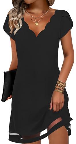 ETCYY NEW Womens Summer Dresses Mesh Hem Petal Short Sleeve Dress Floral Print Daily Sundresses with Pockets Black L