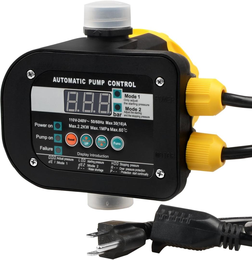 Smart Pump Controller with 2 Modes Digital Display, BSPP G1 Threaded Interface, Adjustable Pressure, High Power, Easy Install, for Home, Garden, Industrial Use