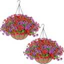 2 Set Artificial Flowers Hanging Plants in Basket,Artificial Hanging Flowers for Outdoor Indoor Decor,UV Resistant hanging Baskets with Fake Flowers for Spring Summer Patio Garden Porch Deck Decor