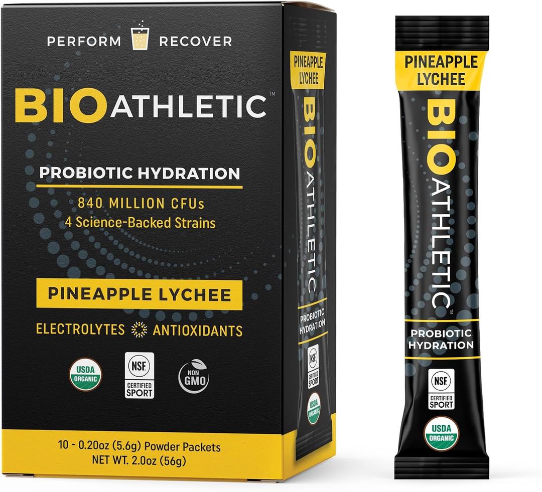 Probiotic + Electrolyte Hydration Drink Mix, with Vitamins D & B12, USDA Organic, NSF Certified for Sport, Subtle Pineapple Lychee Flavor, Naturally Light Taste, 10 Sticks, Expiry: 05/2027